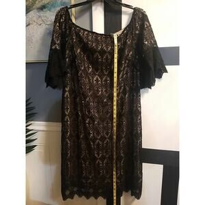 Sharagano Women's Dress Sz 18W Black- Beige Lace Designer Quality NEW $138